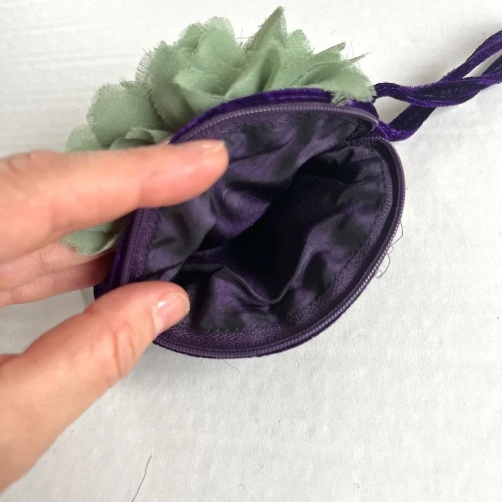 Cupcake Small Bag Wrist Clutch Wallet Velvet Flower Zip Closure Purple